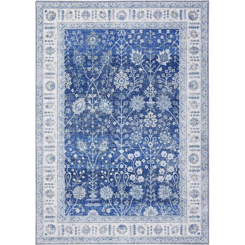 Vintage Floral Medallion Runner Rug - Machine Washable Waterproof Soft Faux Wool Non-Slip Low Pile Kid & Pet Friendly Décor (Black)