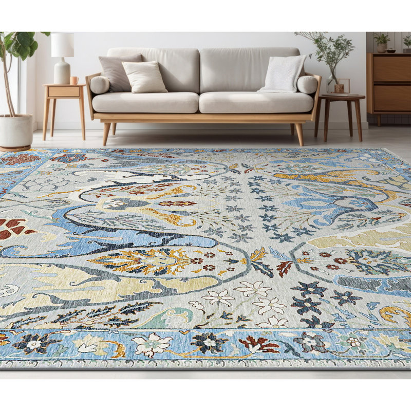 High-Quality Hand-Knotted Grey And Blue Area Rug, Rectangle 5' x 8'