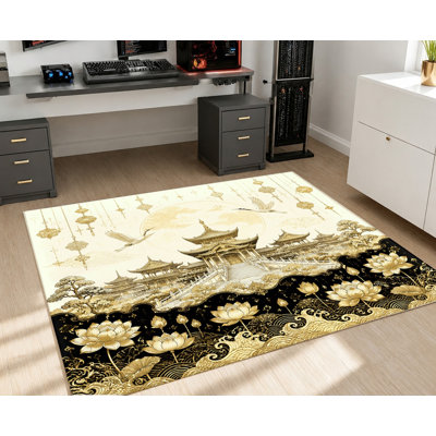 Tapis traditionnel chinois à motif de paysage, grue dorée et palais du lotus, surface en velours, tapis de sol artistique antidérapant, décoration intérieure vintage pour salon, chambre, entrée, cuisine, balcon, appartement