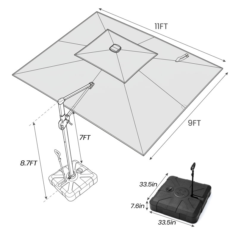 Parasol en porte-à-faux avec base lestée 11 x 9 pi, Rectangular, 104.4" H x 132" W x 108" D