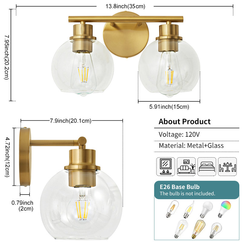 Aanay Dimmable Bathroom Vanity Light, Gold, 2