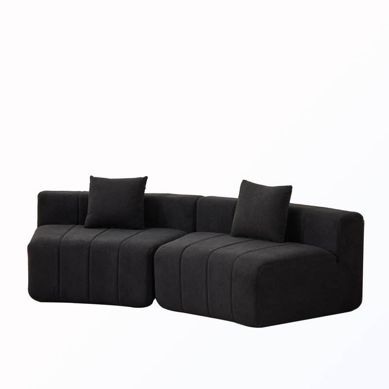 Curved Sectional Sofa With 2 Pillows, Black Chenille