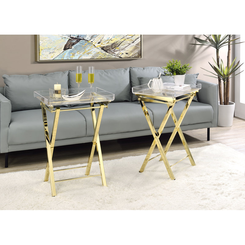 Reyhaneh Tray Top End Table Set, Clear Top/Gold Base