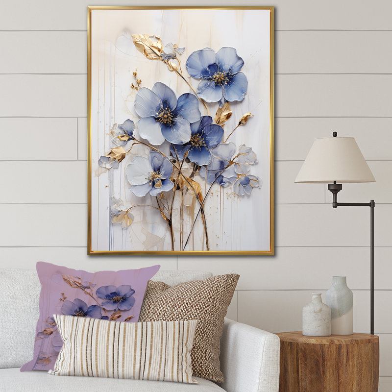 Bleu et or Exquisit Violets IV, H 44 po x l 34 po x P 1,5 po, Cadre flottant doré