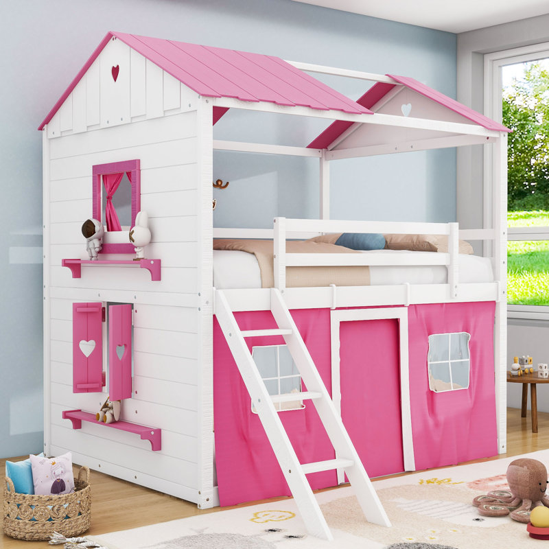 Sherick Wood Bunk Bed with Windows and Tent, Full Over Full, Pink
