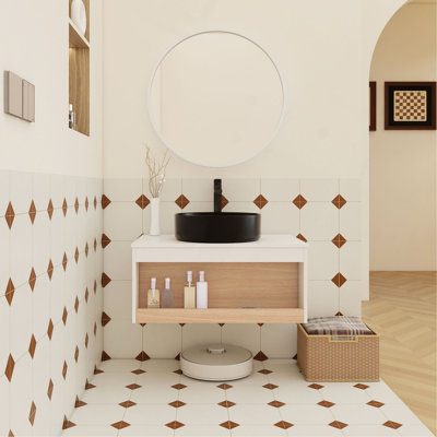 Meuble-lavabo suspendu de 76 cm avec lavabo rond mat, meuble-lavabo mural avec tablette ouverte, comptoir durable, design moderne peu encombrant (livré en 2 paquets)