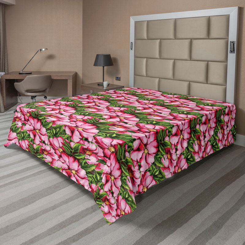 Drap plat à motif floral bohème Ambesonne, Drap plat de taille double, Corail foncé, vert olive / floral