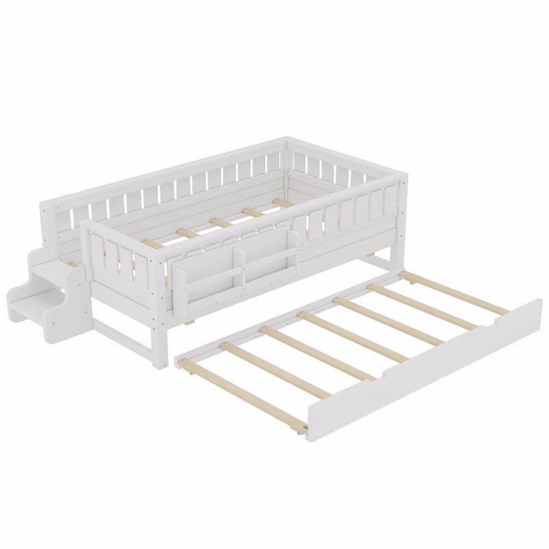 Simple avec bibliothèque intégrée avec tablettes de rangement et petit escalier, rails de sécurité de haute qualité et lit gigogne, finition blanche