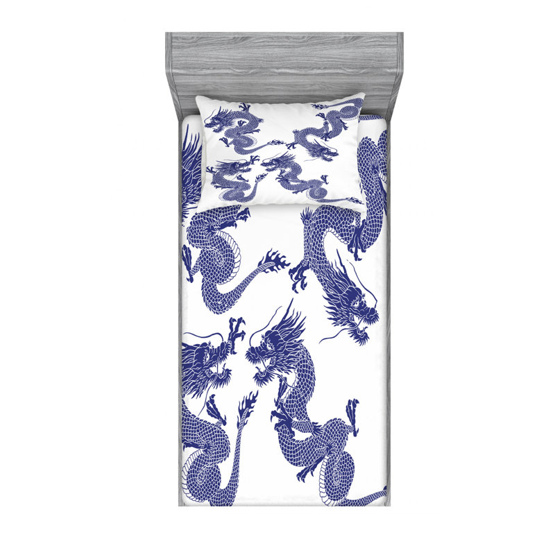 Blue Dragon Print Microfiber Twin XL Sheet Set