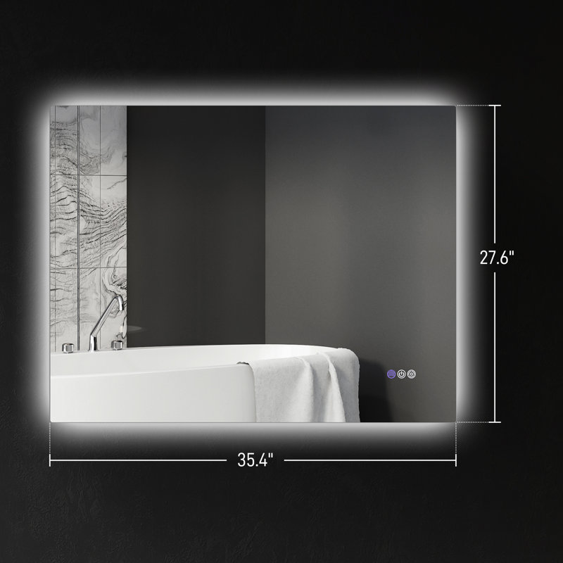Miroir de salle de bain 35 po x 28 po avec brouillard, luminosité réglable, température de couleur réglable, mémoire, montage mural, horizontal / vertical, Cri90 +, film résistant à l'eau, imperméable, lumières en aluminium, interchangeable, monté,