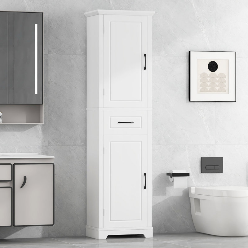 Grande armoire de rangement pour salle de bain, armoire de rangement autoportante avec deux portes et tablettes réglables, conception à étagère de porte, panneau de fibres à densité moyenne avec finition peinte