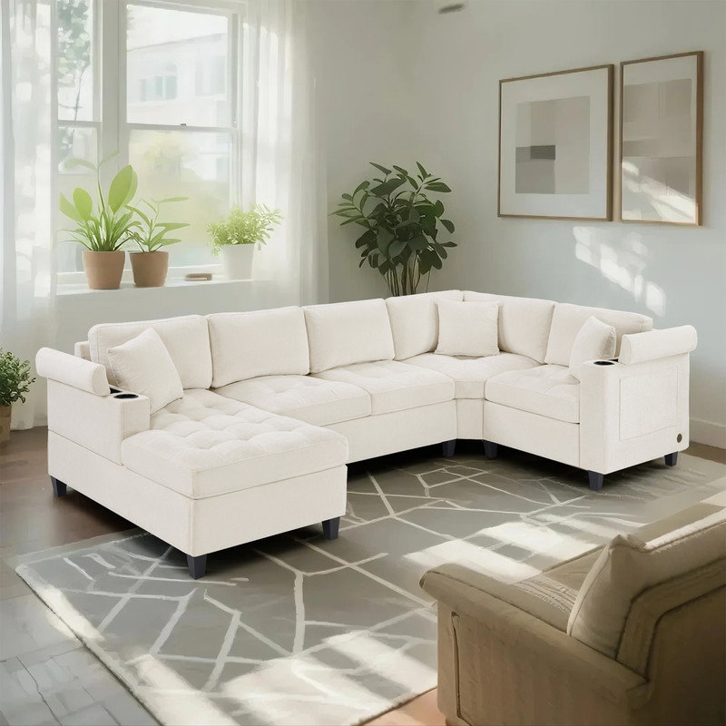 Canapé modulaire moderne en U avec méridienne, Chenille beige