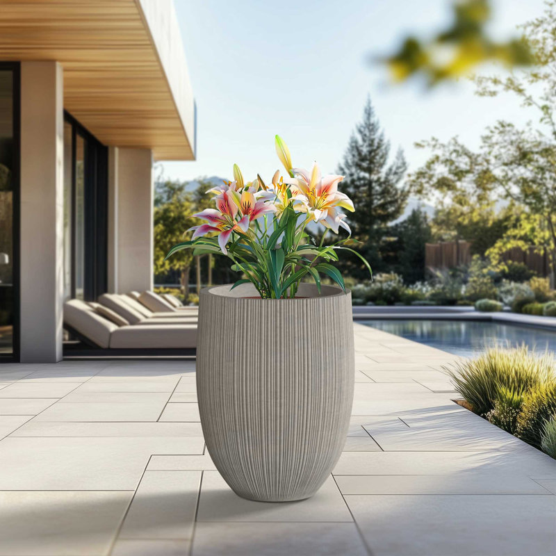 17 In. Large (Upgraded Interior) Concrete Round Planter / Pot With Drainage Holes, Light Gray (Upgraded Interior)