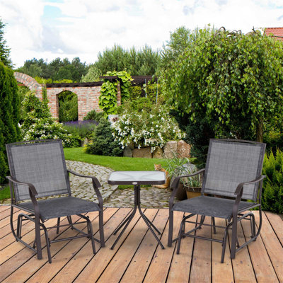 3-Piece Outdoor Glider Set With Glass Coffee Table And Breathable Sling Seating