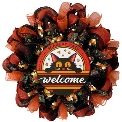 Halloween Wreath Scaredy Cat Handmade Deco Mesh