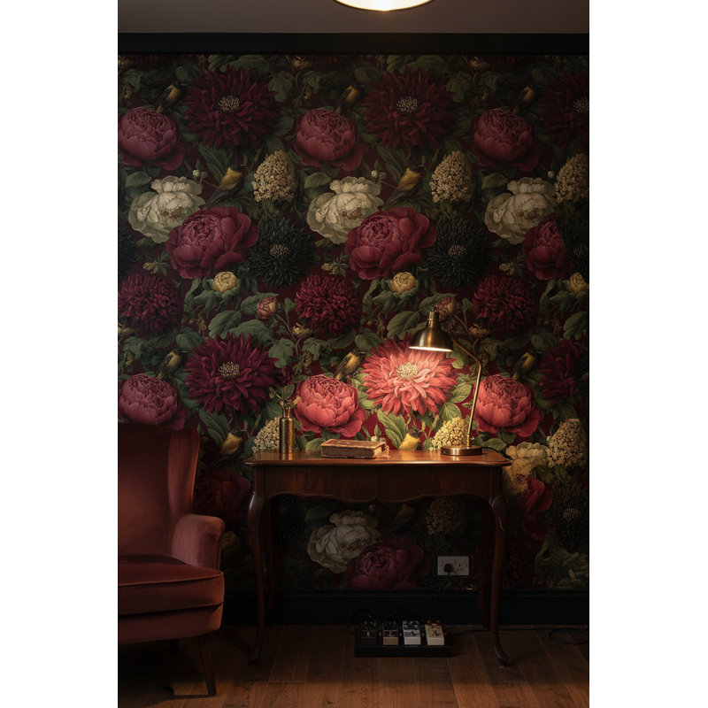 Papier peint floral, bourgogne rétro