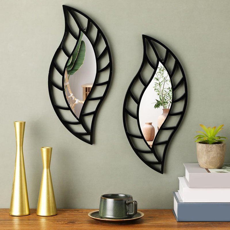 2 Pcs Decorative Mirror Wall Decor Leaf Teardrop Mirror Wall Mounted Decorations for Living Room