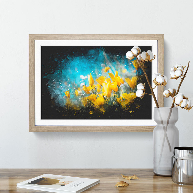 Yellow Blooming Flowers - Framed Print, 62cm H x 87cm W x 2cm D, Oak Framed