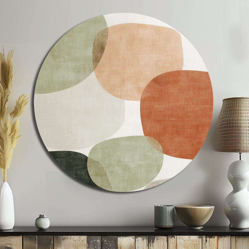 Minimalisme orange avec des formes simples de vert - art mural rond abstrait en métal, L 23 po x H 23 po