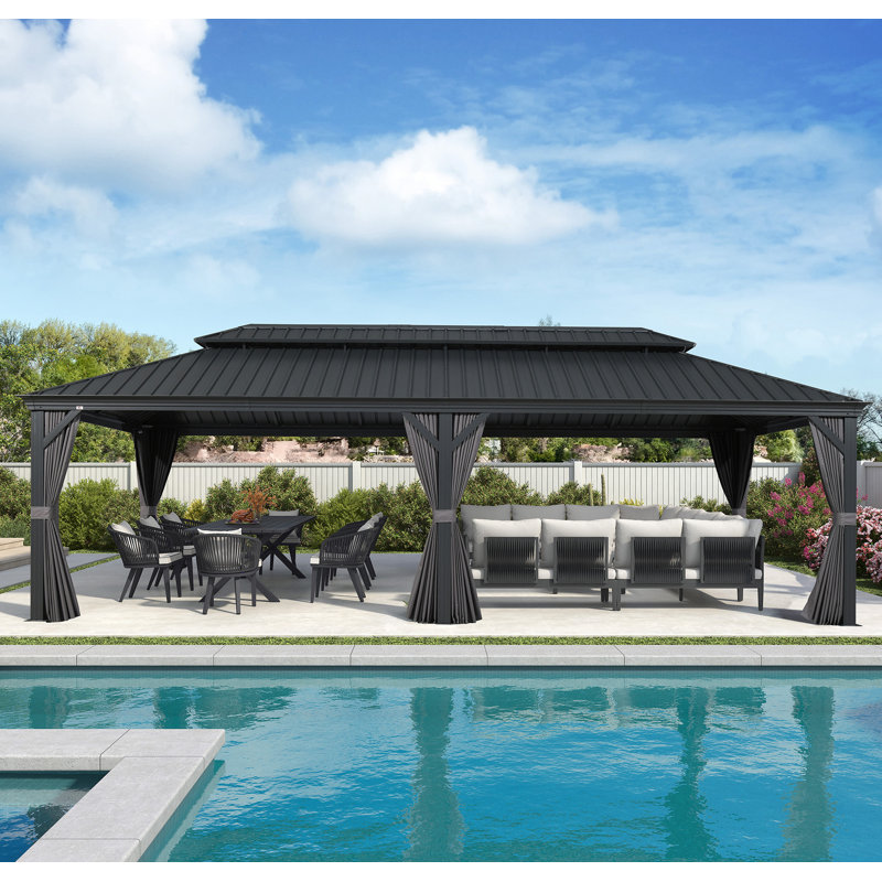 Pavillon de jardin permanent en aluminium 12 pi x 28 pi avec toit double en acier galvanisé pour terrasse et jardin, rideaux et filet inclus, gris