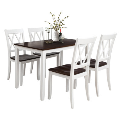 Ensemble de salle à manger 5 pièces pour la cuisine, comprenant une table et des chaises en bois avec dossier à lattes, coloris espresso et blanc.