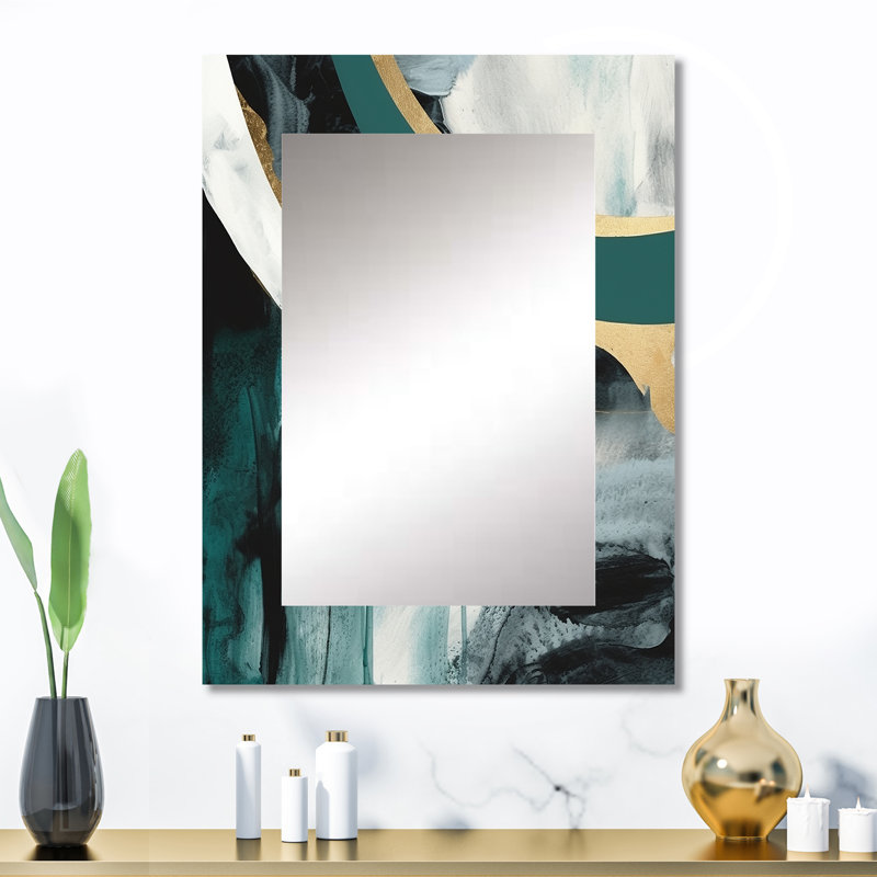 Or et vert géométrique Enchantment II - miroir mural unique en marbre, miroir doré, impression sur métal, 32 po x 24 po