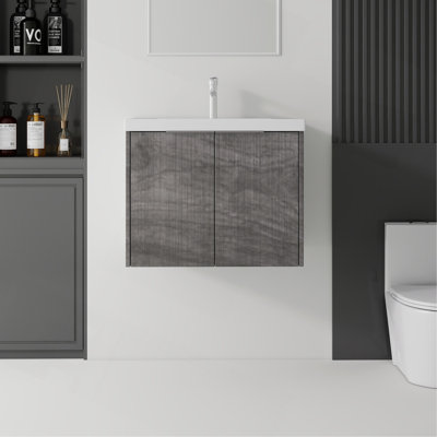 Meuble-lavabo flottant 24 po avec lavabo, porte à fermeture en douceur, lavabo en céramique, contreplaqué