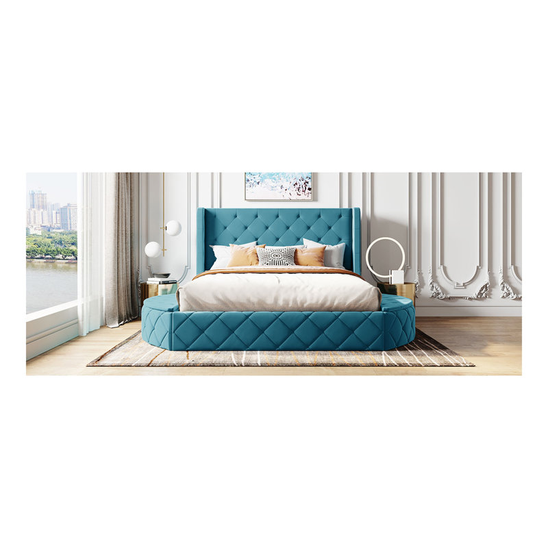 Lit plateforme tapissier grand en velours avec tête de lit à oreilles et 1 grand tiroir, 2 tabourets de rangement latéraux (bleu)