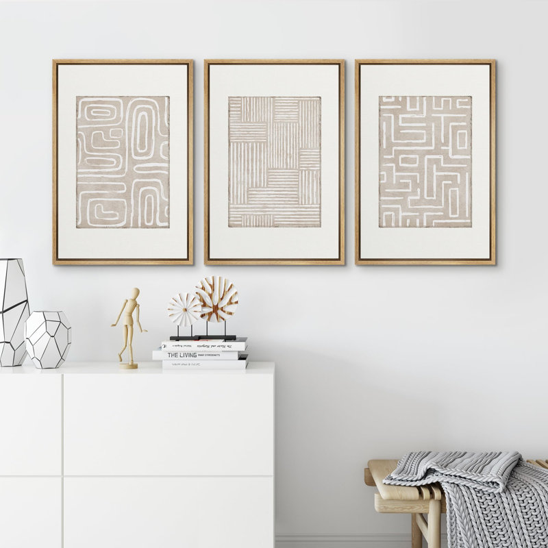 "Design minimaliste, tons neutres, motifs géométriques, art moderne, salon", 3 pièces, H 24 po x l 16 po, Naturel