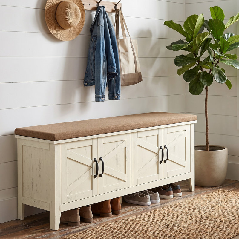 Banc de rangement pour chaussures Farmhouse avec coussin et tablettes réglables, Blanc