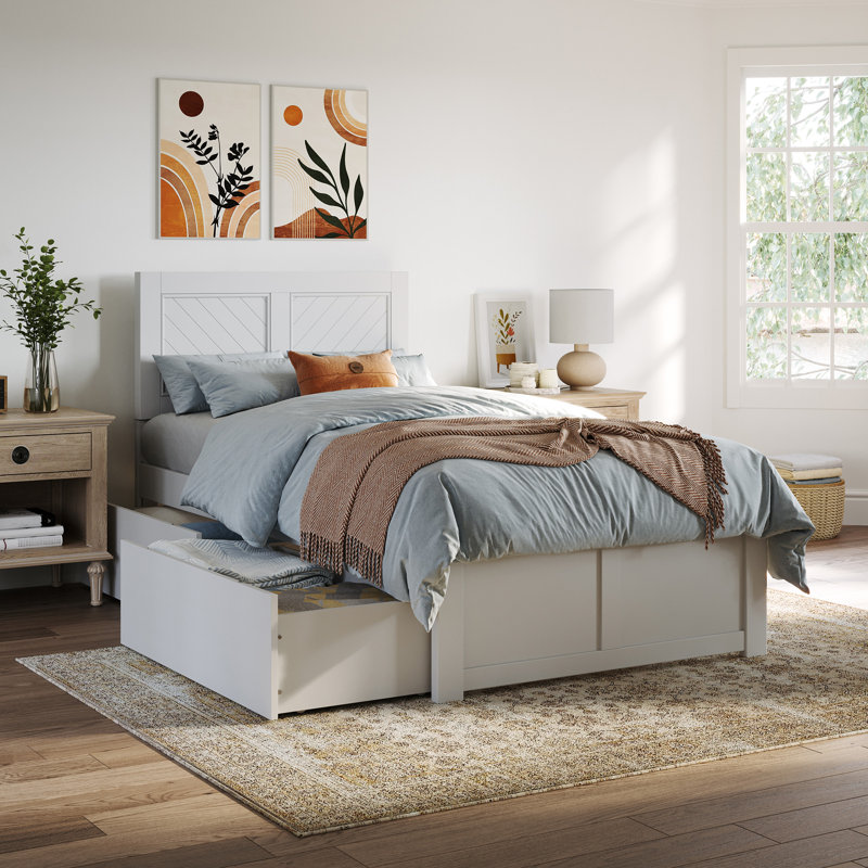 Lit avec rangement en bois massif Bhawana, Simple