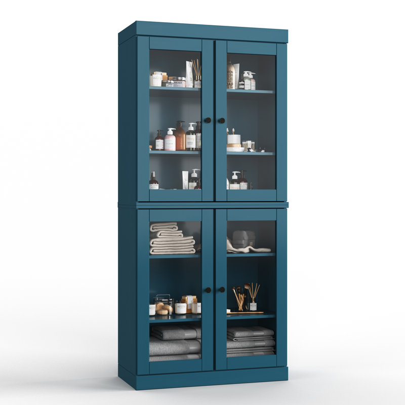 Armoire de salle de bain autoportante 100% bois massif 32 "avec portes en verre transparent et tablettes réglables - Rangement de salle de bain moderne