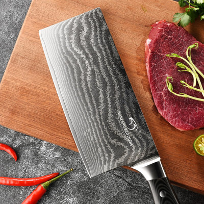 Couteau à couperet, couperet chinois de 7 po avec pales VG10, acier Damas à 67 couches avec poignée ergonomique en bois de Micarta antidérapant, couperet à viande pour hacher et trancher