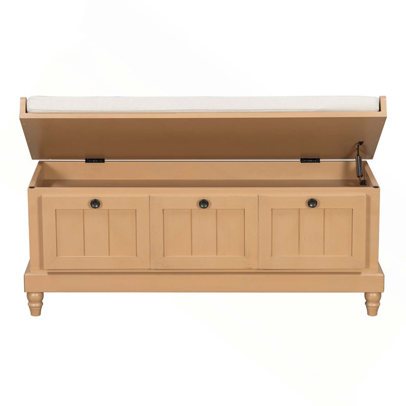 Banc de rangement cannelé classique avec coussin et 3 tiroirs pour les couloirs d'entrée du salon, Naturel