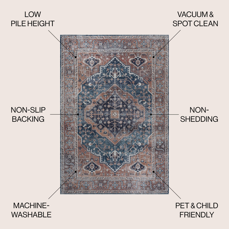 Alacati Ogee Medallion Machine-Washable Navy/Brown Rug, Rectangle 5'3" x 7'7"