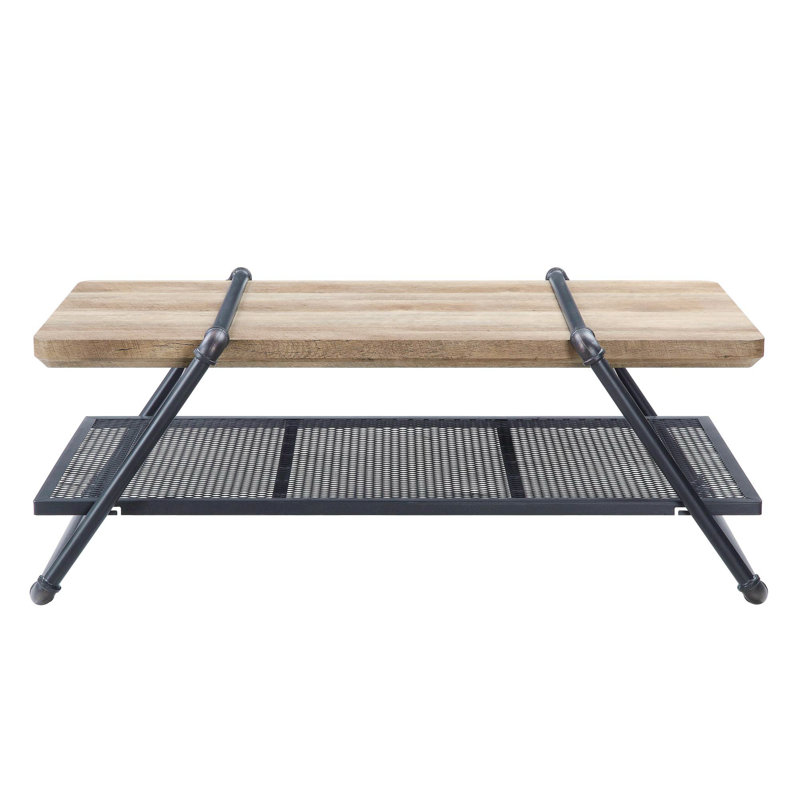 Brantley 47'' Oak and Gray Industrial Coffee Table with Metal Mesh Shelf