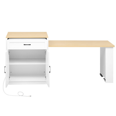 Extendable Kitchen Island With Dining Table For 2-6, 82.7", White, Double Storage Design, 2 Drawers, Side Shelf, Easy Mobility 4-6 Persons, Double Storage, Power Outlet, Shelves, Modern Chic