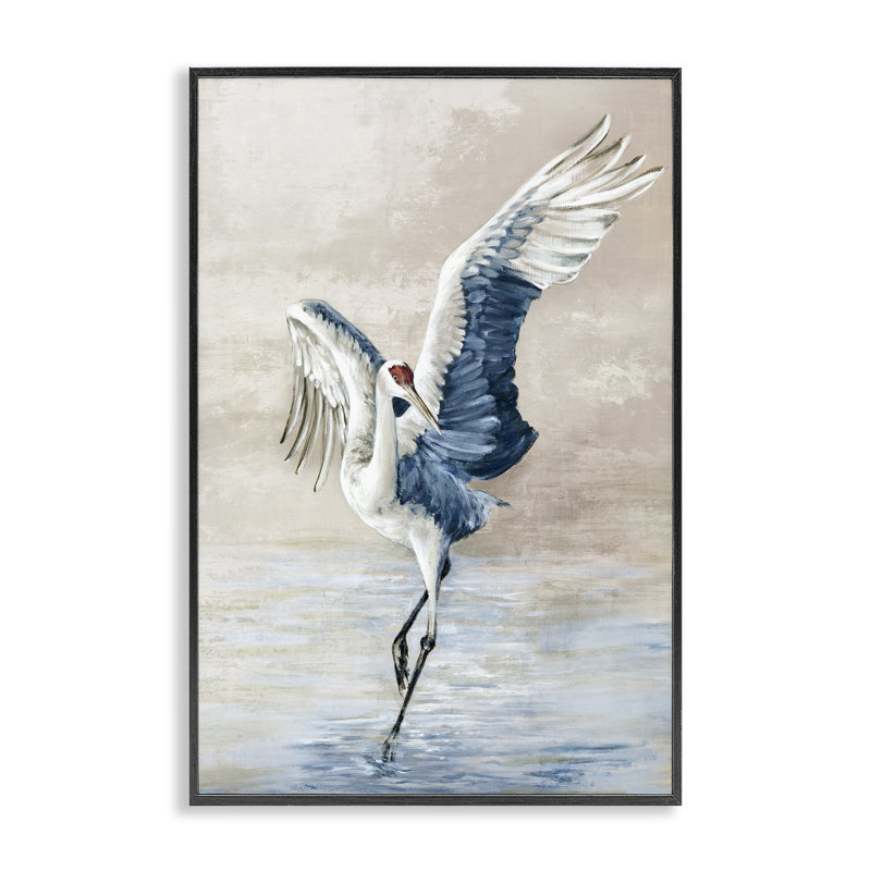  «Dancing Crane on Shore», art de la giclée encadrée par Eli Jones, H 24 po x l 16 po, Giclée encadrée noir minuit