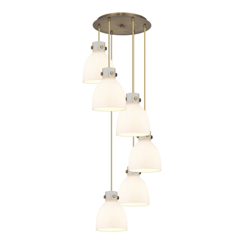 Luminaire suspendu 6 lumières Amrith, Laiton brossé, Blanc