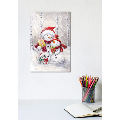 Two Snowmen And Dog by MAKIKO - Wrapped Canvas Print