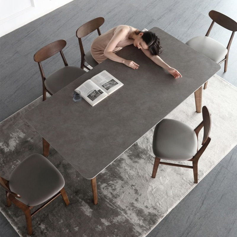 Gray + Nut-brown Rectangular Sintered Stone + Solid Wood Dining Table, H 29,53 po x l 55,12 po x P 31,5 po