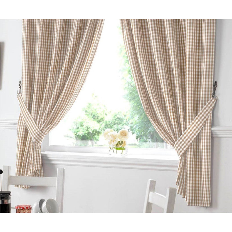 Rosas Classic Gingham Kitchen Curtains, 117cm W x 122cm L, Beige