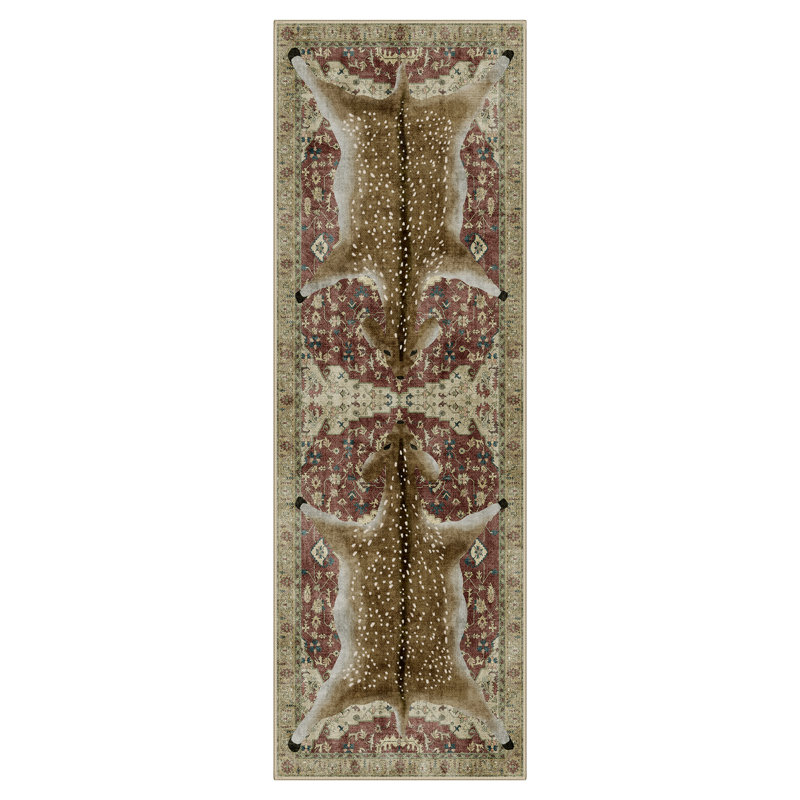 Veatrice Deerwood Rustic Animal Print Machine Washable Red / Brown Indoor Area Rug with Non-Slip Backing, Runner 2'6" x 8'