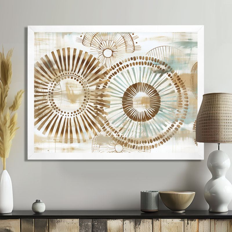 Beige bohémien bohémien mandala spirale I - décoration murale mosaïque boho, Cadre flottant doré, H 12 po x l 20 po