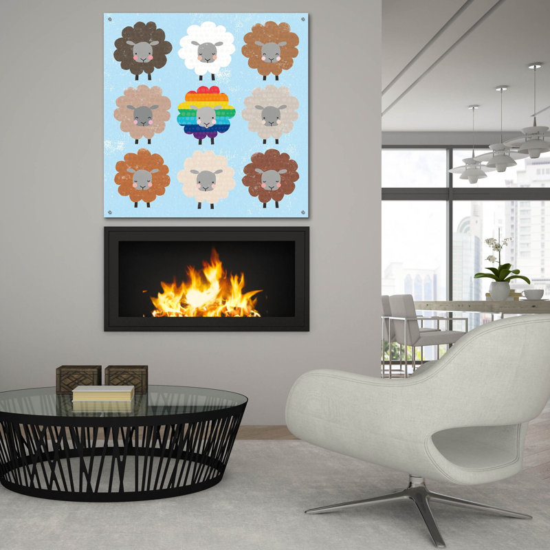 «Be Ewe Brown and Rainbow Sheep Sq» par Moira Hershey, art mural en verre acrylique, H 36 po x l 36 po x P 0,2 po