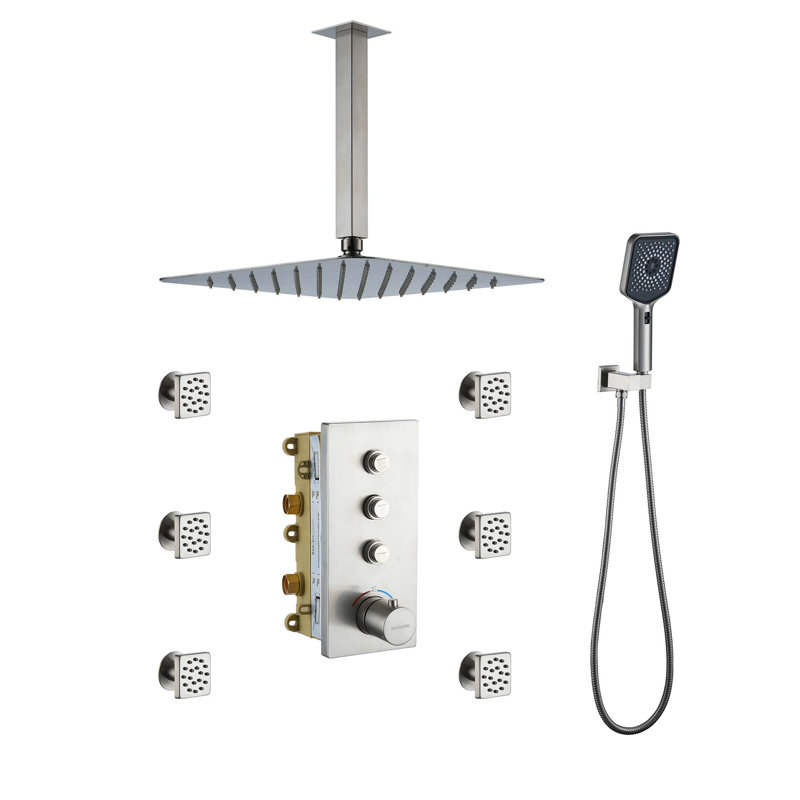 Système de douche thermostatique à 3 fonctions 12 po avec pomme de douche carrée, Nickel brossé