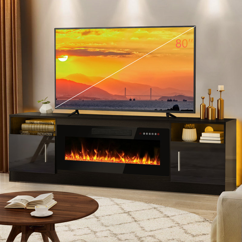 Alazik TV Stand Fireplace for TVs up to 78" with Fireplace Included, Black/Black