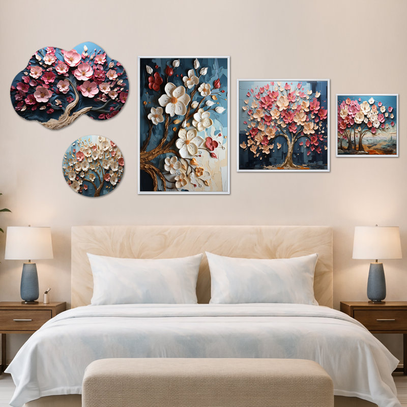 Arbre de pétales dynamique blanc et rose IV - grand ensemble d'art mural floral, toile et métal de 5 pièces (100 po x 40 po)