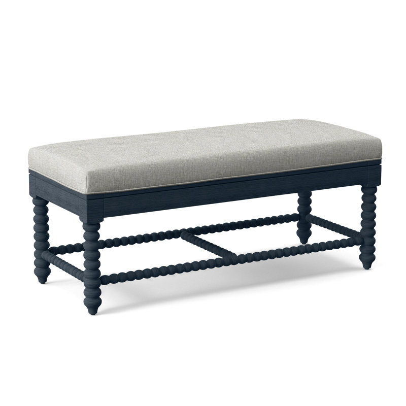 Lind Island Upholstered Bench, Sunbrella Beige Pinstripe; 6205-74, Aged Barrel