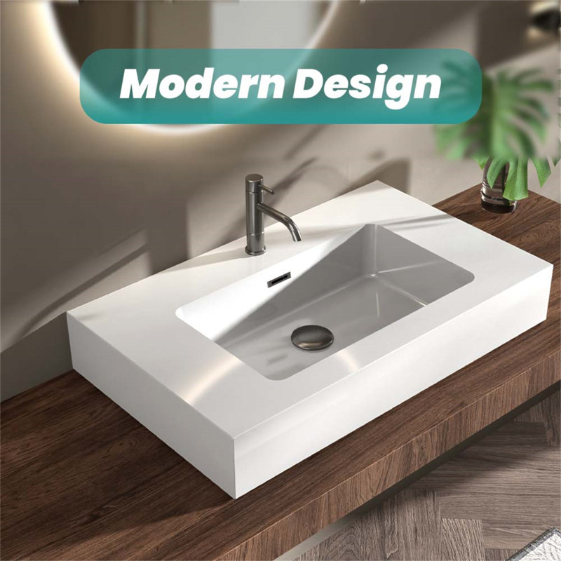 Integrated Engineered Quartz Basin Without Drain And Faucet, White, White